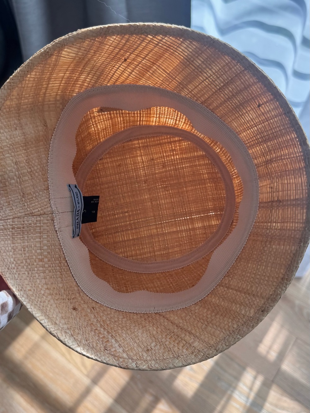 Prada Beige Straw Bucket Hat with Black Logo Plaque - Picture 3 of 5